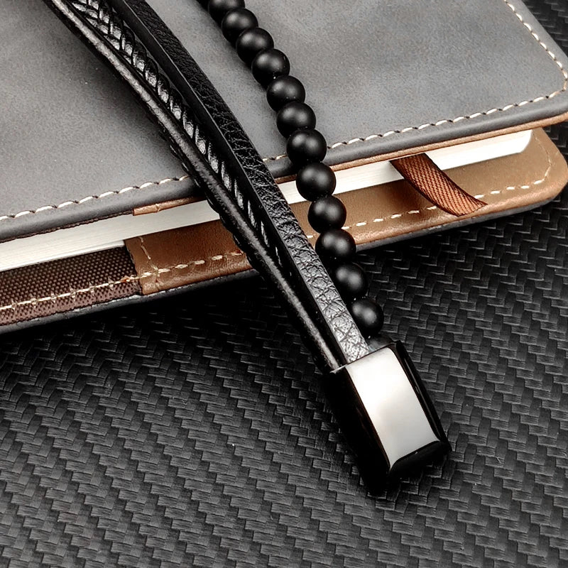 Pulseira Masculina Luxo 2026 em Couro e Aço Inoxidável – Fecho Magnético e Pedras Naturais