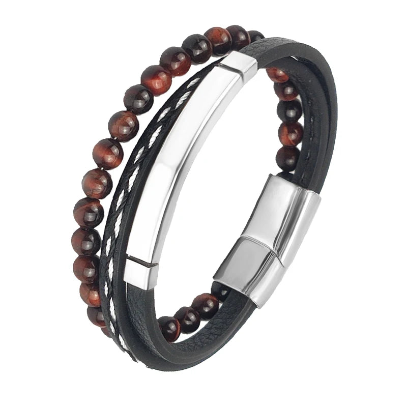 Pulseira Masculina Luxo 2026 em Couro e Aço Inoxidável – Fecho Magnético e Pedras Naturais