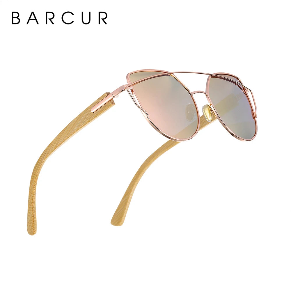 Óculos de Sol Feminino BARCUR Luxo – Polarizado Cat Eye com Metal e Bambu Natural