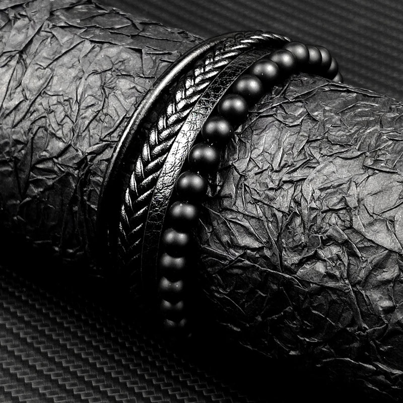 Pulseira Masculina Luxo 2026 em Couro e Aço Inoxidável – Fecho Magnético e Pedras Naturais