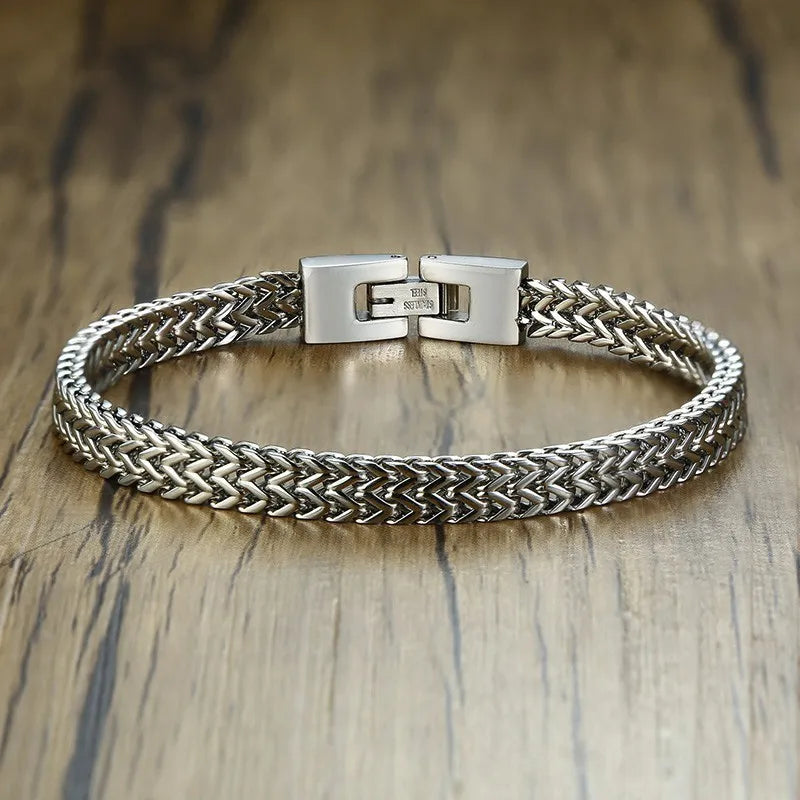Pulseira Masculina de Aço Inoxidável – Corrente Bali Estilo Rabo de Raposa com Elo Duplo Tipo Franco, Joia Masculina Moderna