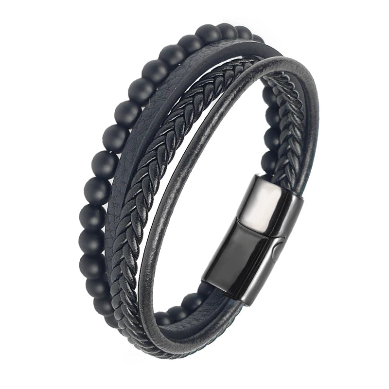 Pulseira Masculina Luxo 2026 em Couro e Aço Inoxidável – Fecho Magnético e Pedras Naturais