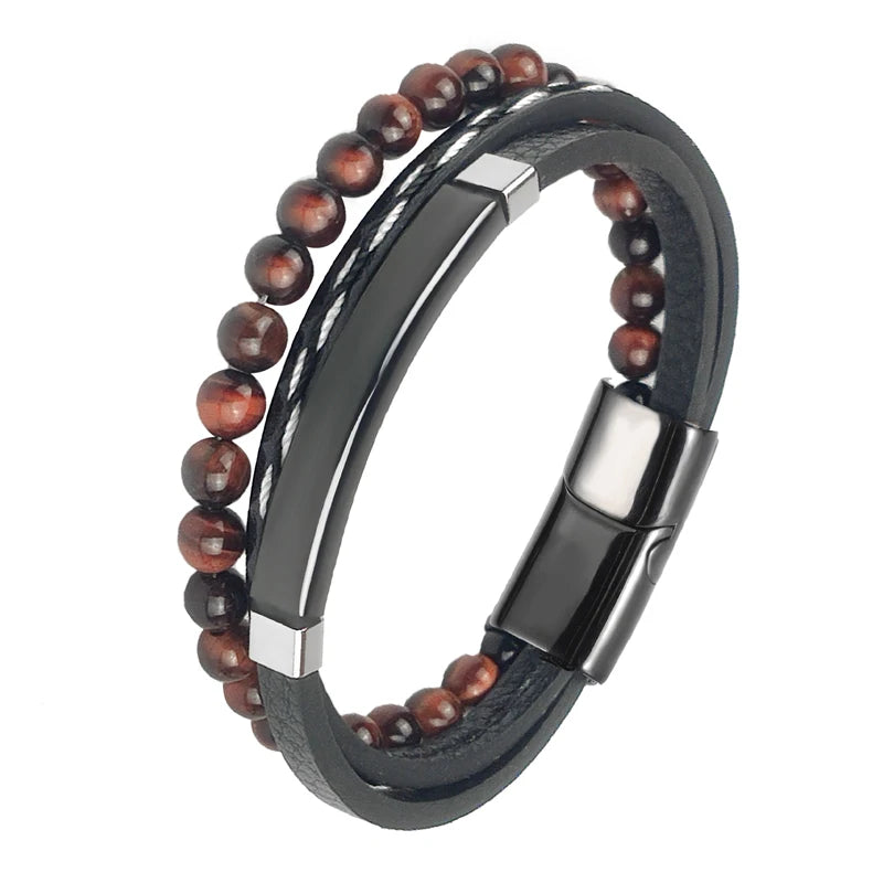 Pulseira Masculina Luxo 2026 em Couro e Aço Inoxidável – Fecho Magnético e Pedras Naturais