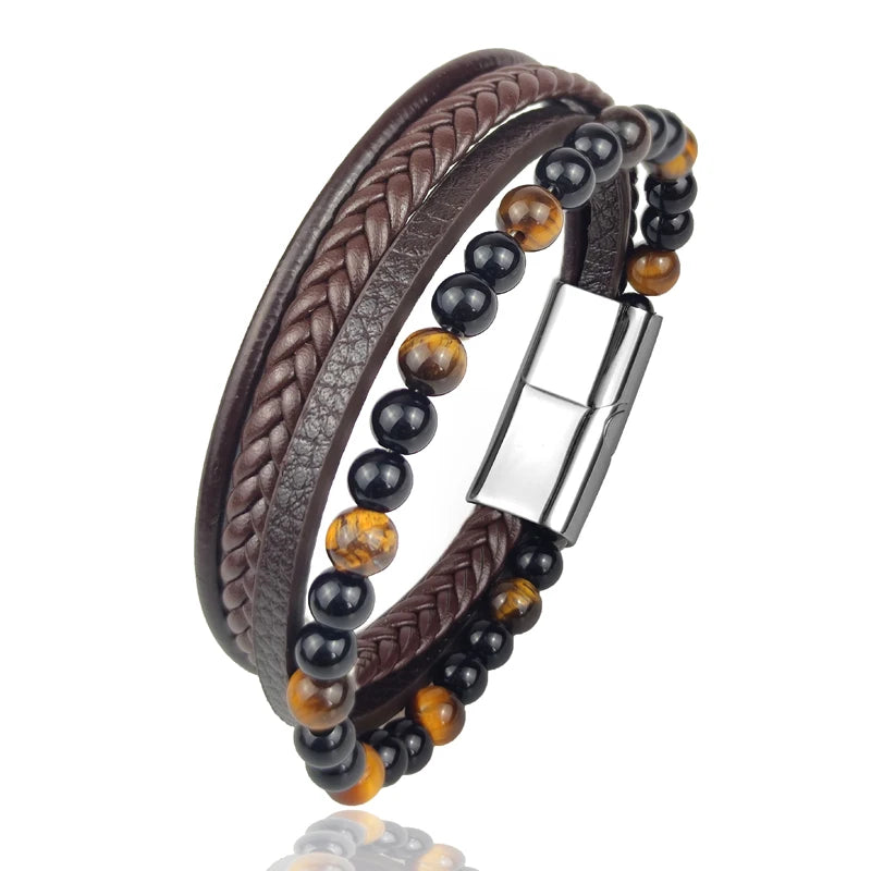 Pulseira Masculina Luxo 2026 em Couro e Aço Inoxidável – Fecho Magnético e Pedras Naturais
