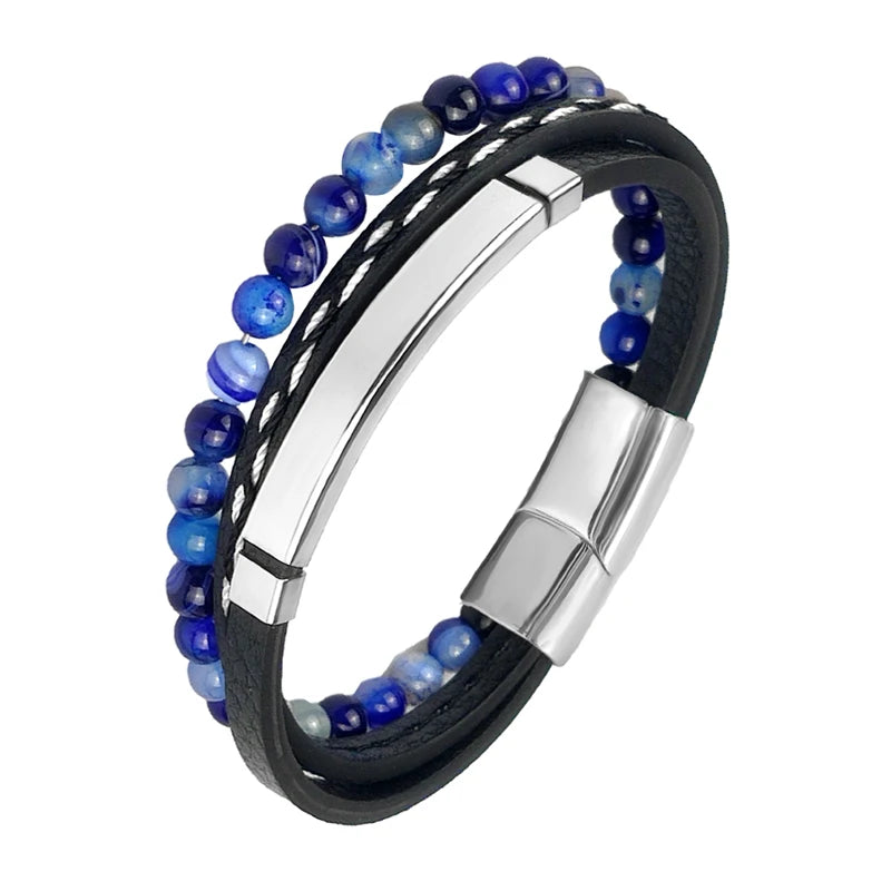 Pulseira Masculina Luxo 2026 em Couro e Aço Inoxidável – Fecho Magnético e Pedras Naturais
