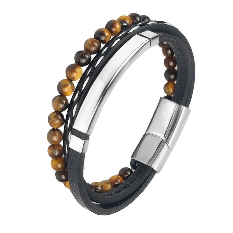 Pulseira Masculina Luxo 2026 em Couro e Aço Inoxidável – Fecho Magnético e Pedras Naturais