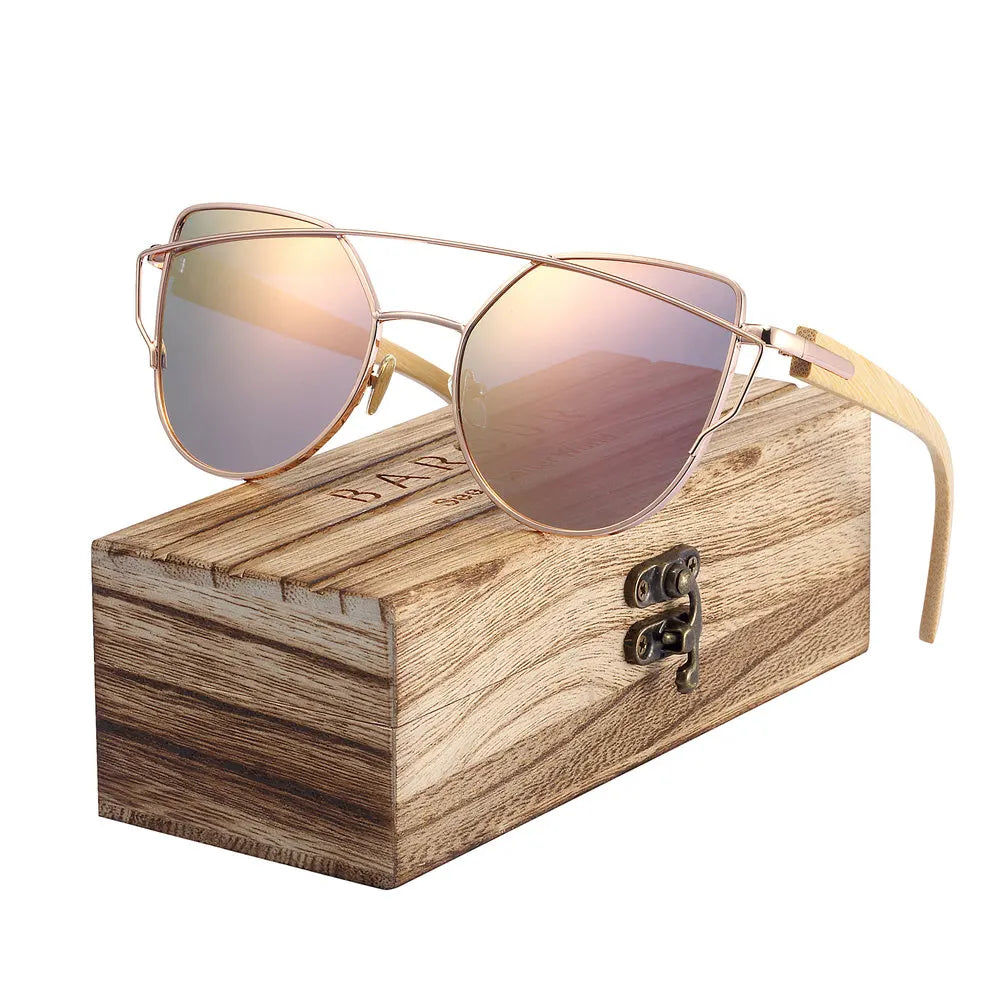 Óculos de Sol Feminino BARCUR Luxo – Polarizado Cat Eye com Metal e Bambu Natural