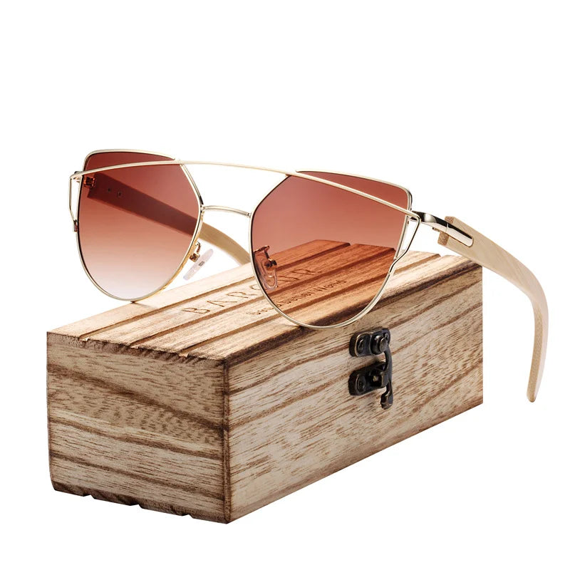 Óculos de Sol Feminino BARCUR Luxo – Polarizado Cat Eye com Metal e Bambu Natural