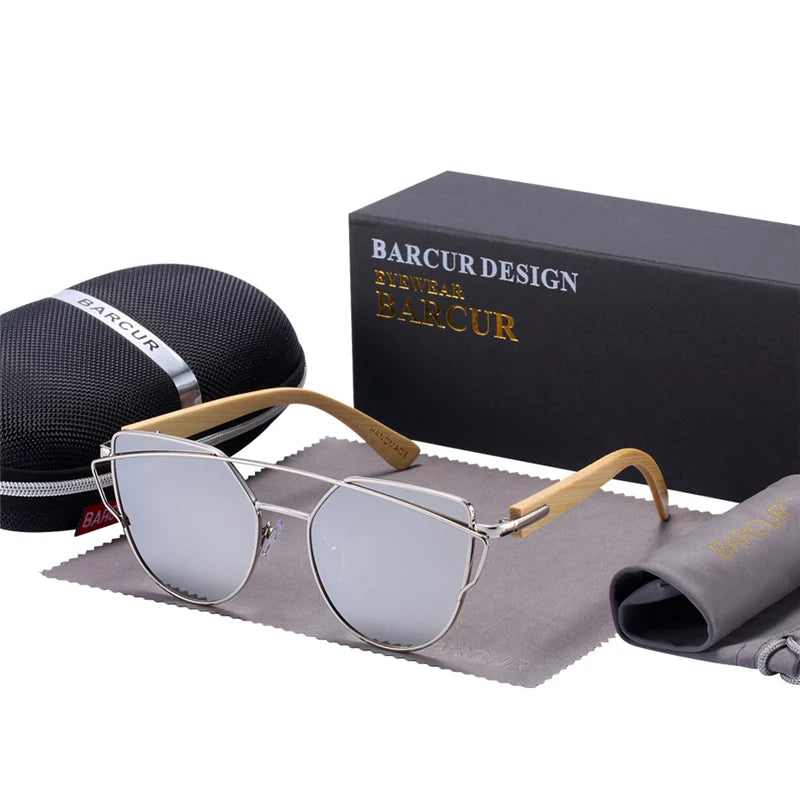 Óculos de Sol Feminino BARCUR Luxo – Polarizado Cat Eye com Metal e Bambu Natural