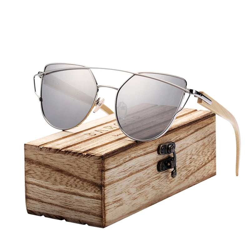 Óculos de Sol Feminino BARCUR Luxo – Polarizado Cat Eye com Metal e Bambu Natural