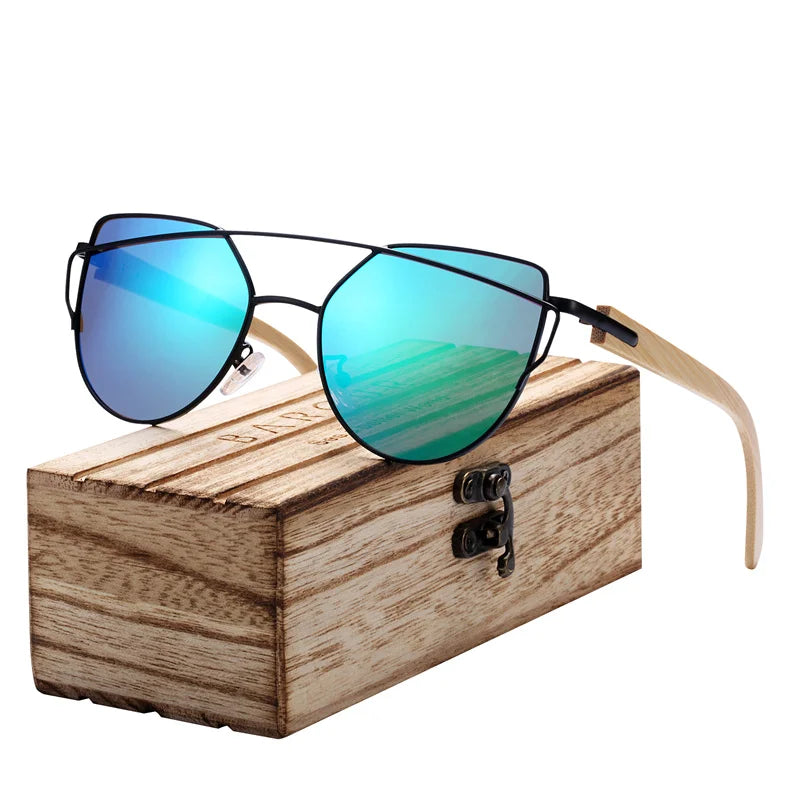 Óculos de Sol Feminino BARCUR Luxo – Polarizado Cat Eye com Metal e Bambu Natural