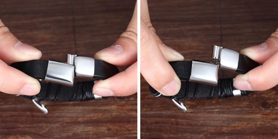 Pulseira Masculina XQNI Luxo em Couro Trançado – Multicamadas com Aço Inoxidável