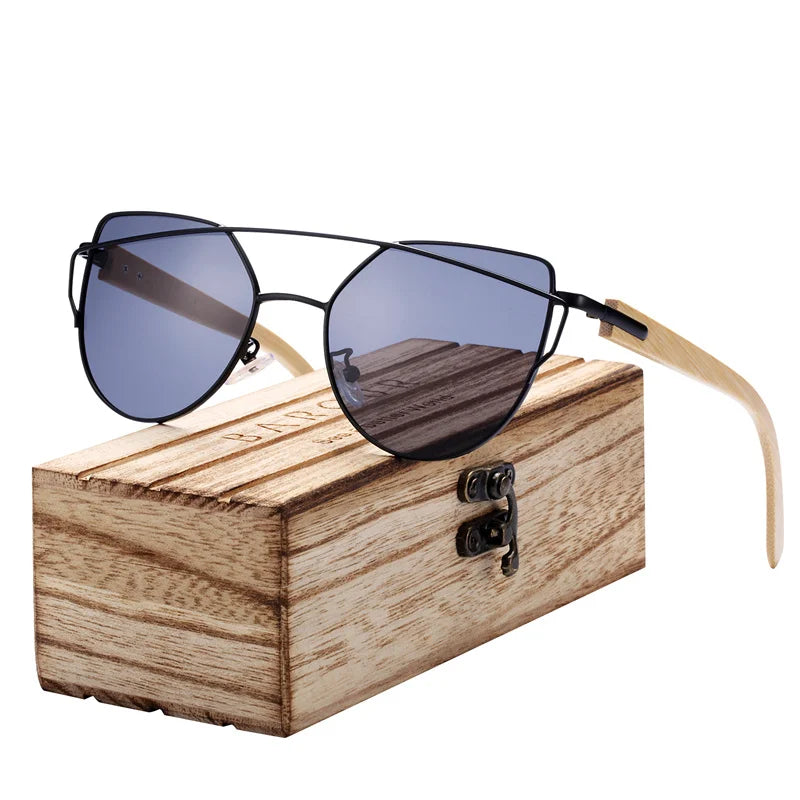 Óculos de Sol Feminino BARCUR Luxo – Polarizado Cat Eye com Metal e Bambu Natural