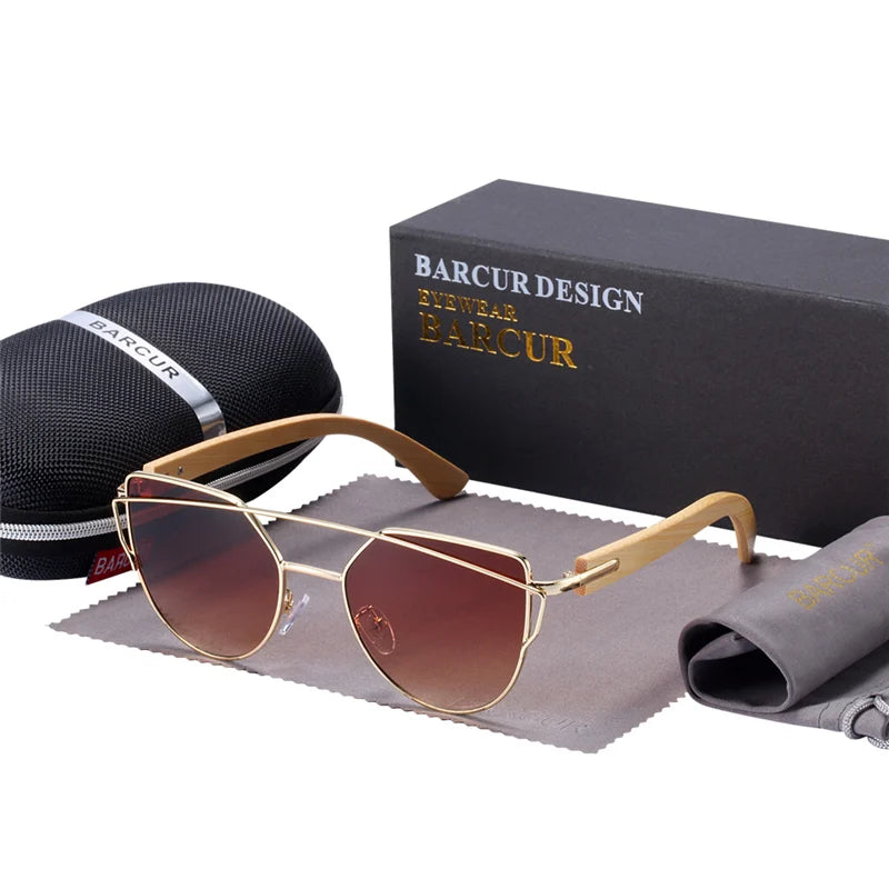Óculos de Sol Feminino BARCUR Luxo – Polarizado Cat Eye com Metal e Bambu Natural