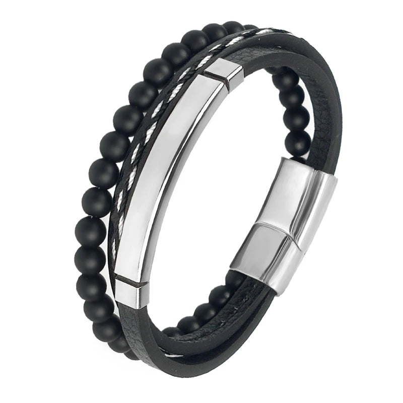 Pulseira Masculina Luxo 2026 em Couro e Aço Inoxidável – Fecho Magnético e Pedras Naturais