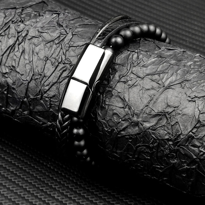 Pulseira Masculina Luxo 2026 em Couro e Aço Inoxidável – Fecho Magnético e Pedras Naturais