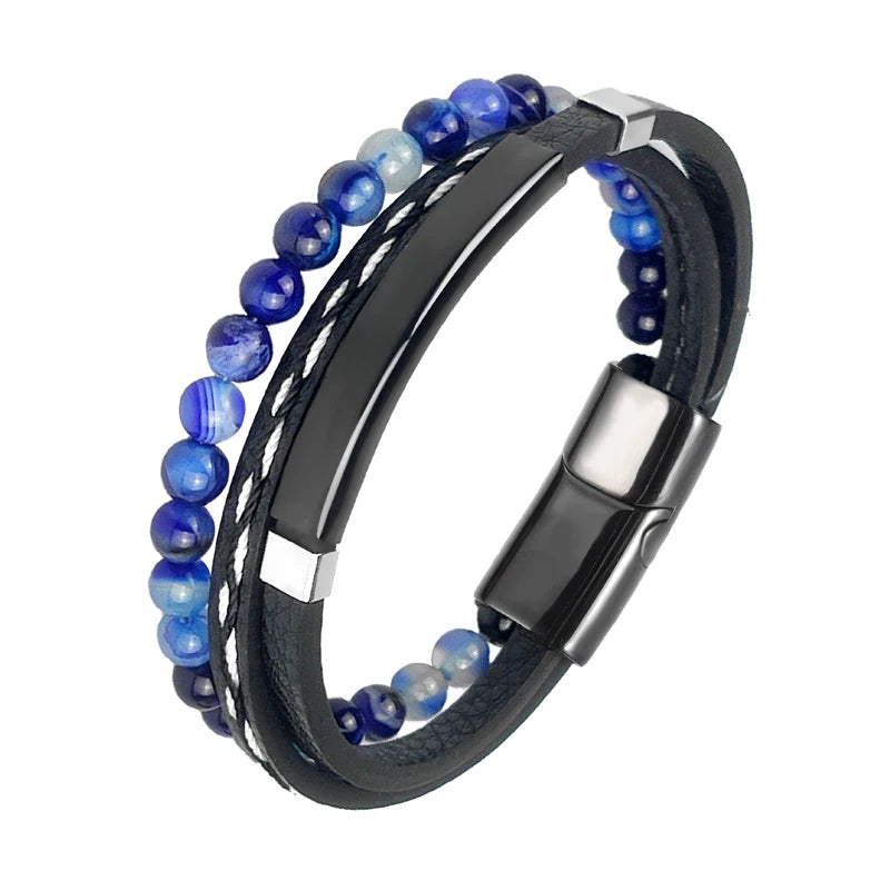Pulseira Masculina Luxo 2026 em Couro e Aço Inoxidável – Fecho Magnético e Pedras Naturais