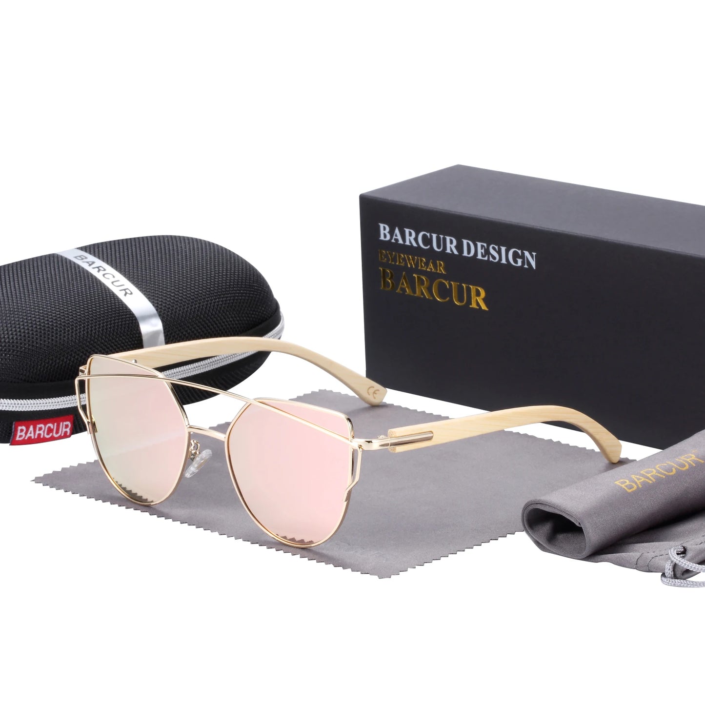 Óculos de Sol Feminino BARCUR Luxo – Polarizado Cat Eye com Metal e Bambu Natural