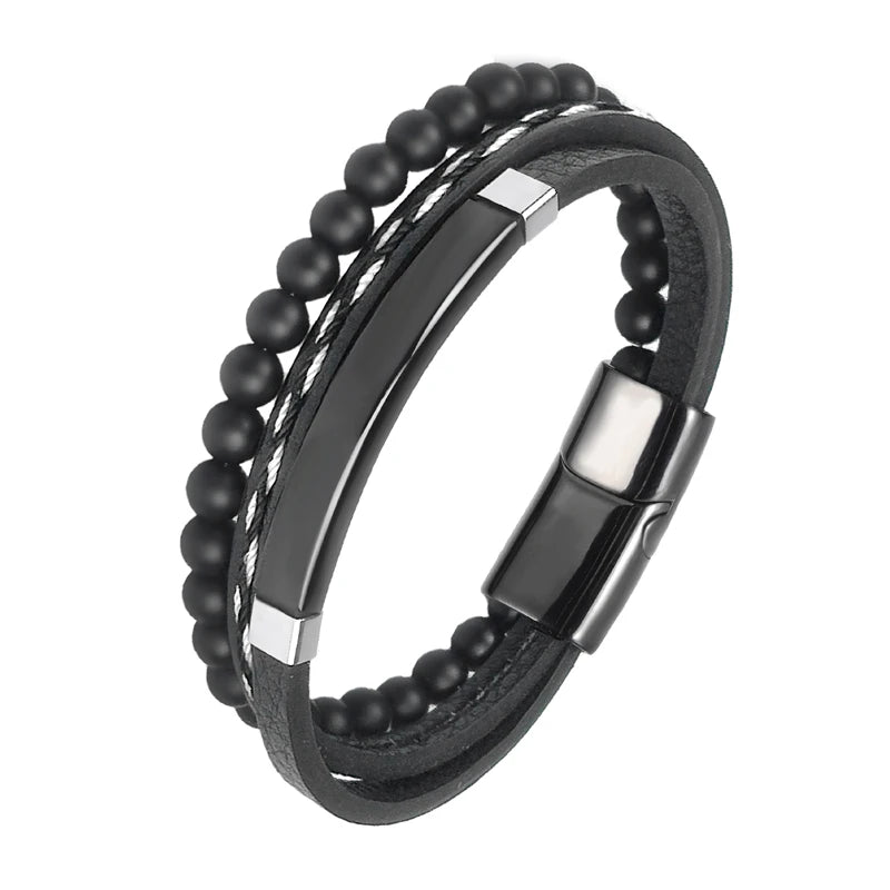Pulseira Masculina Luxo 2026 em Couro e Aço Inoxidável – Fecho Magnético e Pedras Naturais