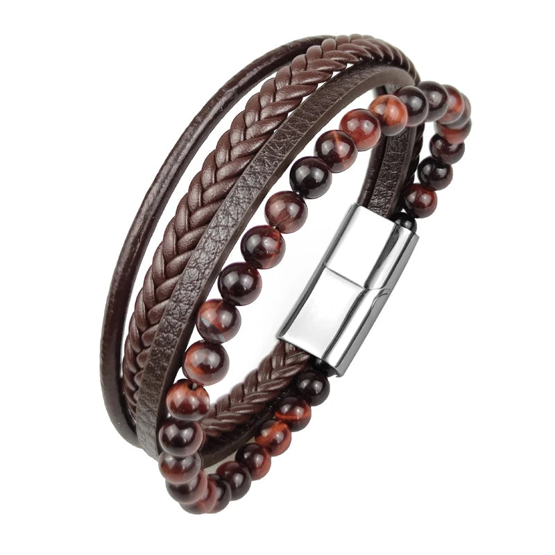 Pulseira Masculina Luxo 2026 em Couro e Aço Inoxidável – Fecho Magnético e Pedras Naturais
