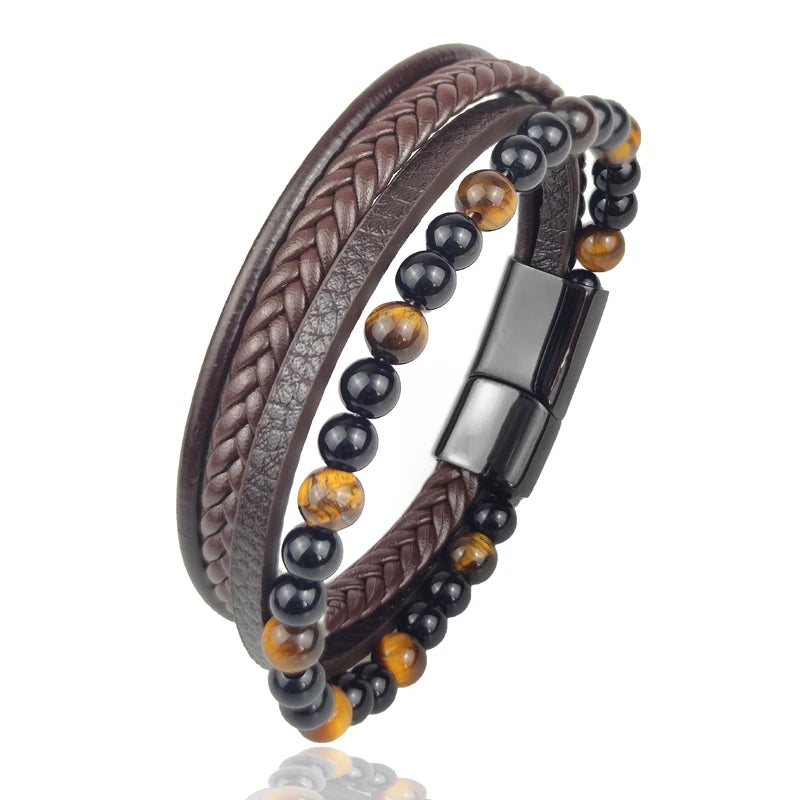 Pulseira Masculina Luxo 2026 em Couro e Aço Inoxidável – Fecho Magnético e Pedras Naturais