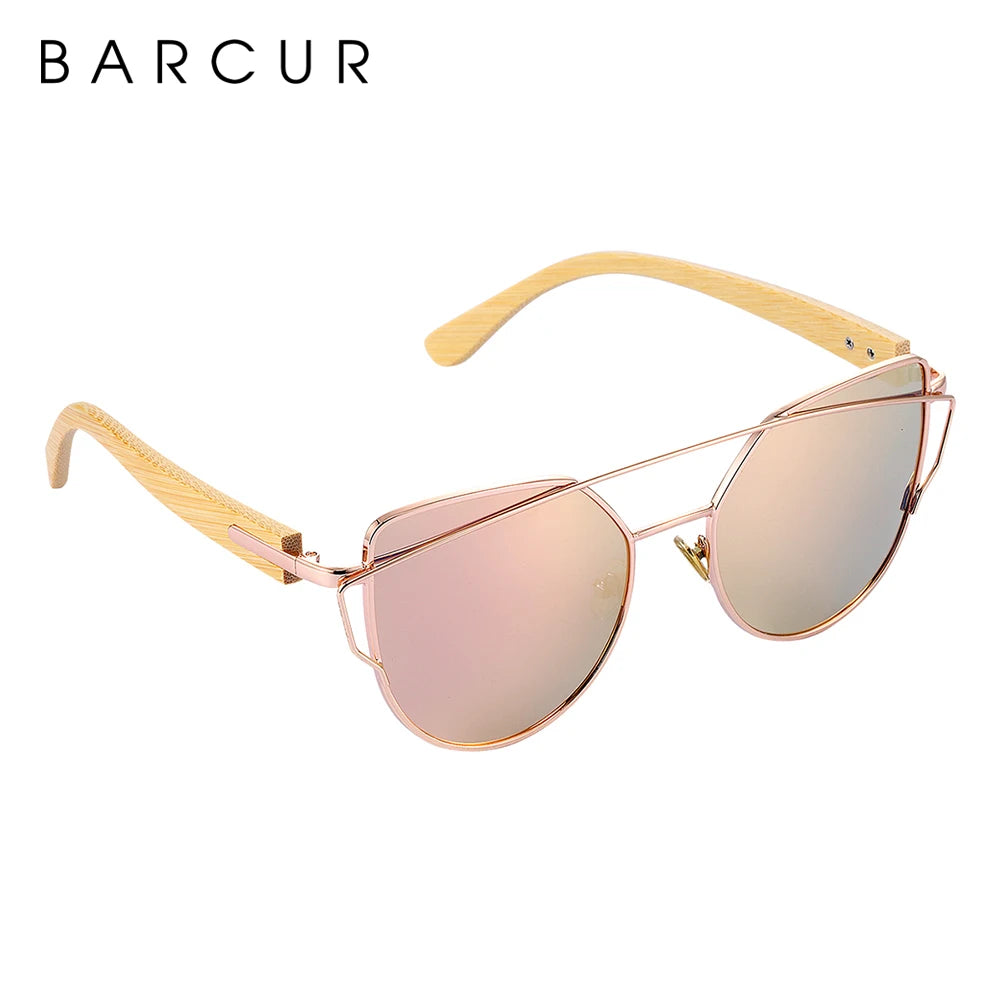 Óculos de Sol Feminino BARCUR Luxo – Polarizado Cat Eye com Metal e Bambu Natural