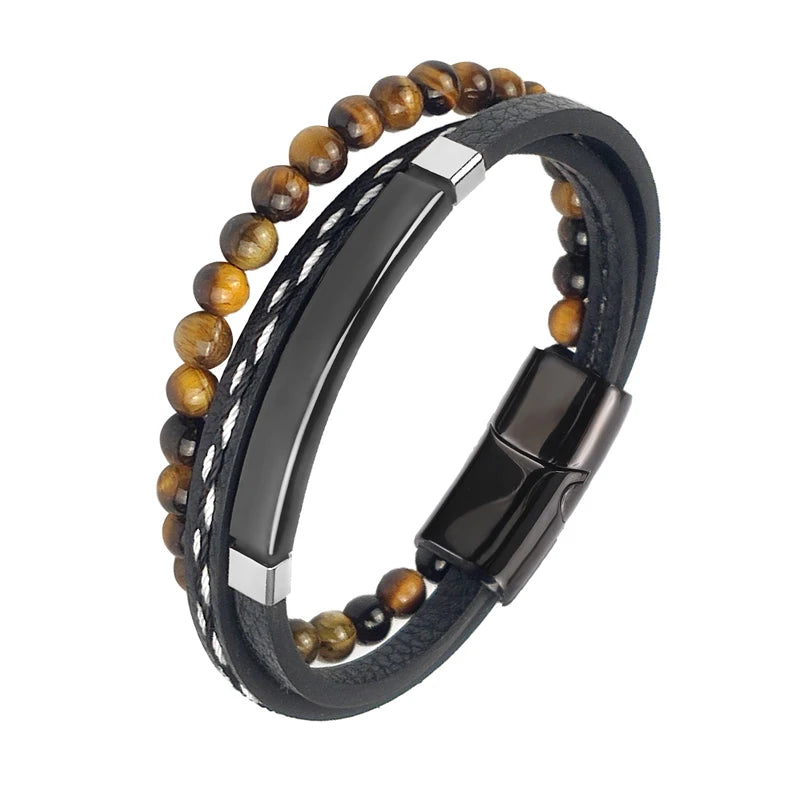 Pulseira Masculina Luxo 2026 em Couro e Aço Inoxidável – Fecho Magnético e Pedras Naturais