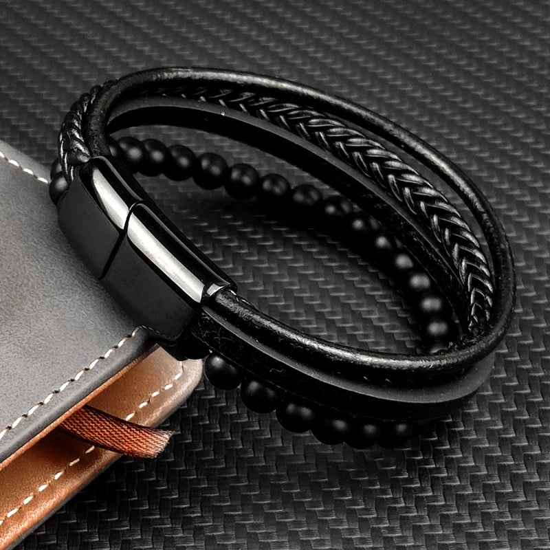 Pulseira Masculina Luxo 2026 em Couro e Aço Inoxidável – Fecho Magnético e Pedras Naturais