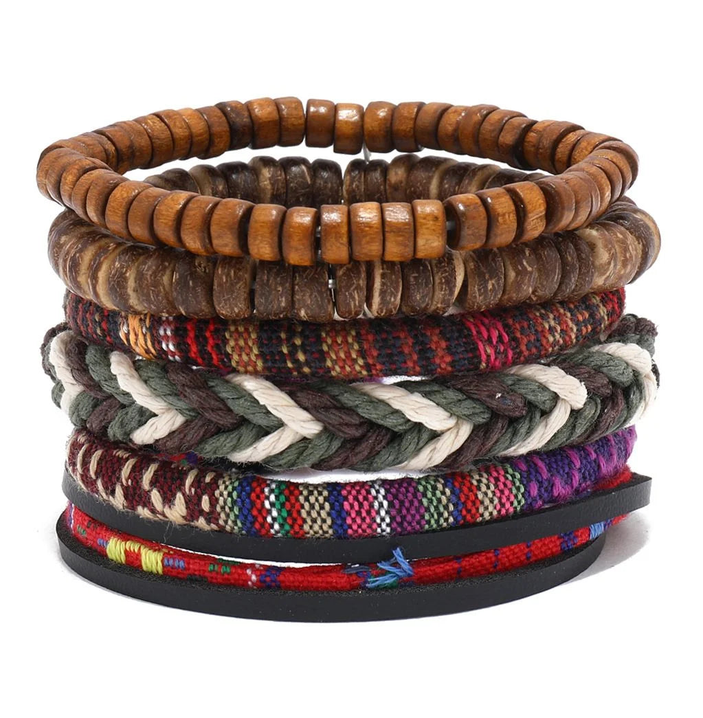 Conjunto 4 Pulseiras Masculinas de Couro Trançado – Vintage Tribal com Contas e Árvore da Vida
