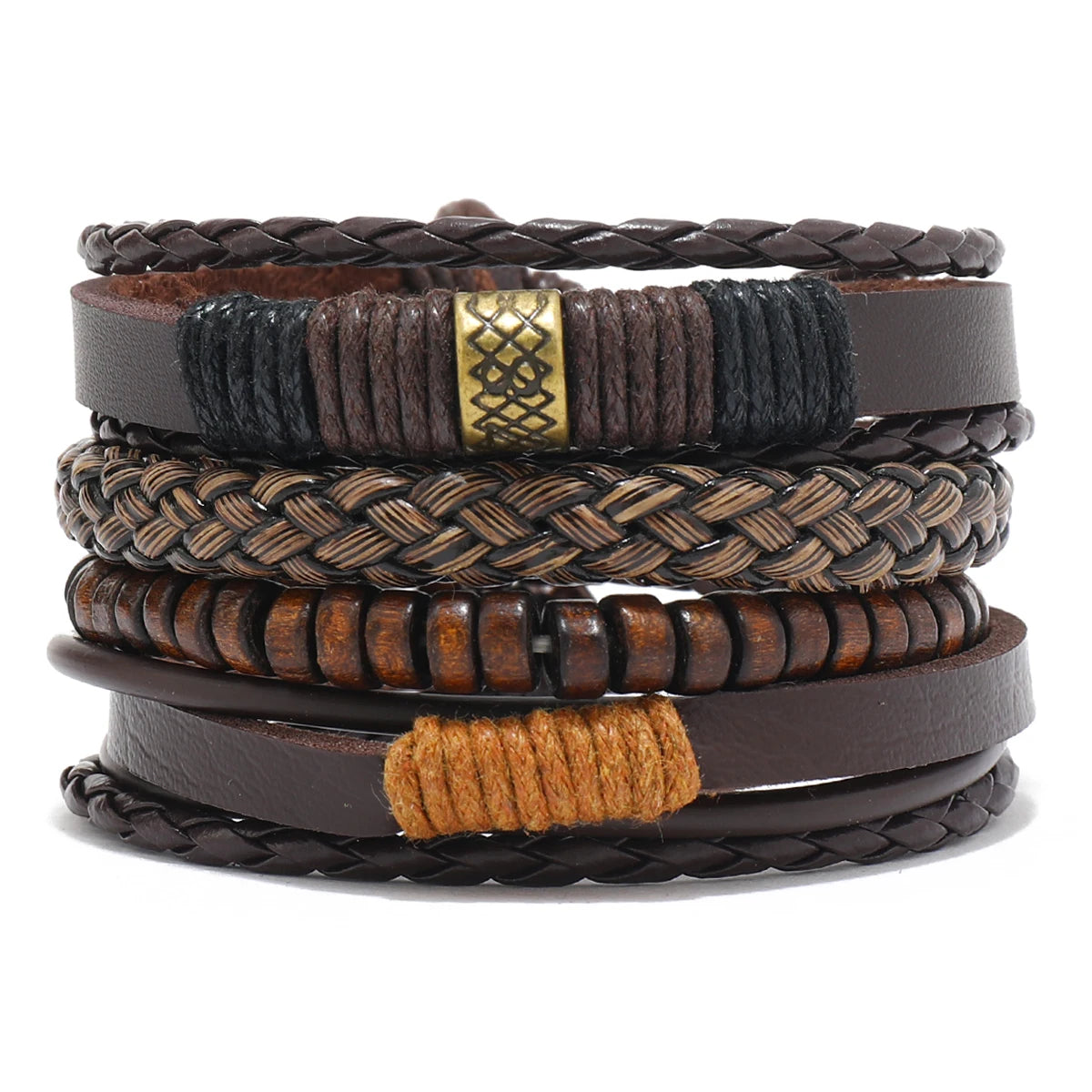 Conjunto 4 Pulseiras Masculinas de Couro Trançado – Vintage Tribal com Contas e Árvore da Vida
