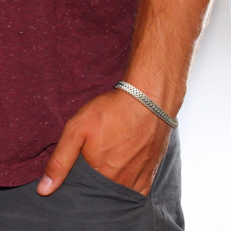 Pulseira Masculina Aço Inoxidável Bali – Corrente Dupla Franco Foxtail Estilo Trendy