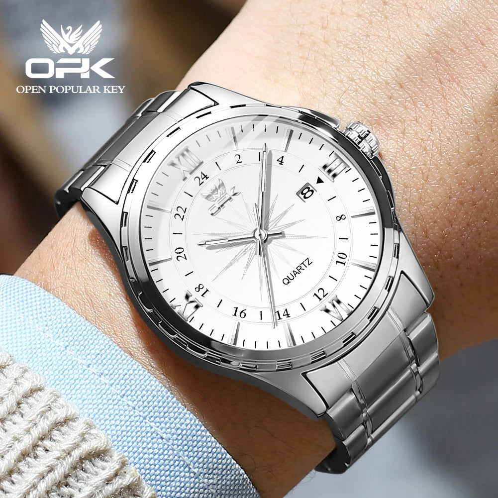 Relógio Masculino OPK 6003 – Quartz com Pulseira de Aço Inoxidável e Calendário Duplo