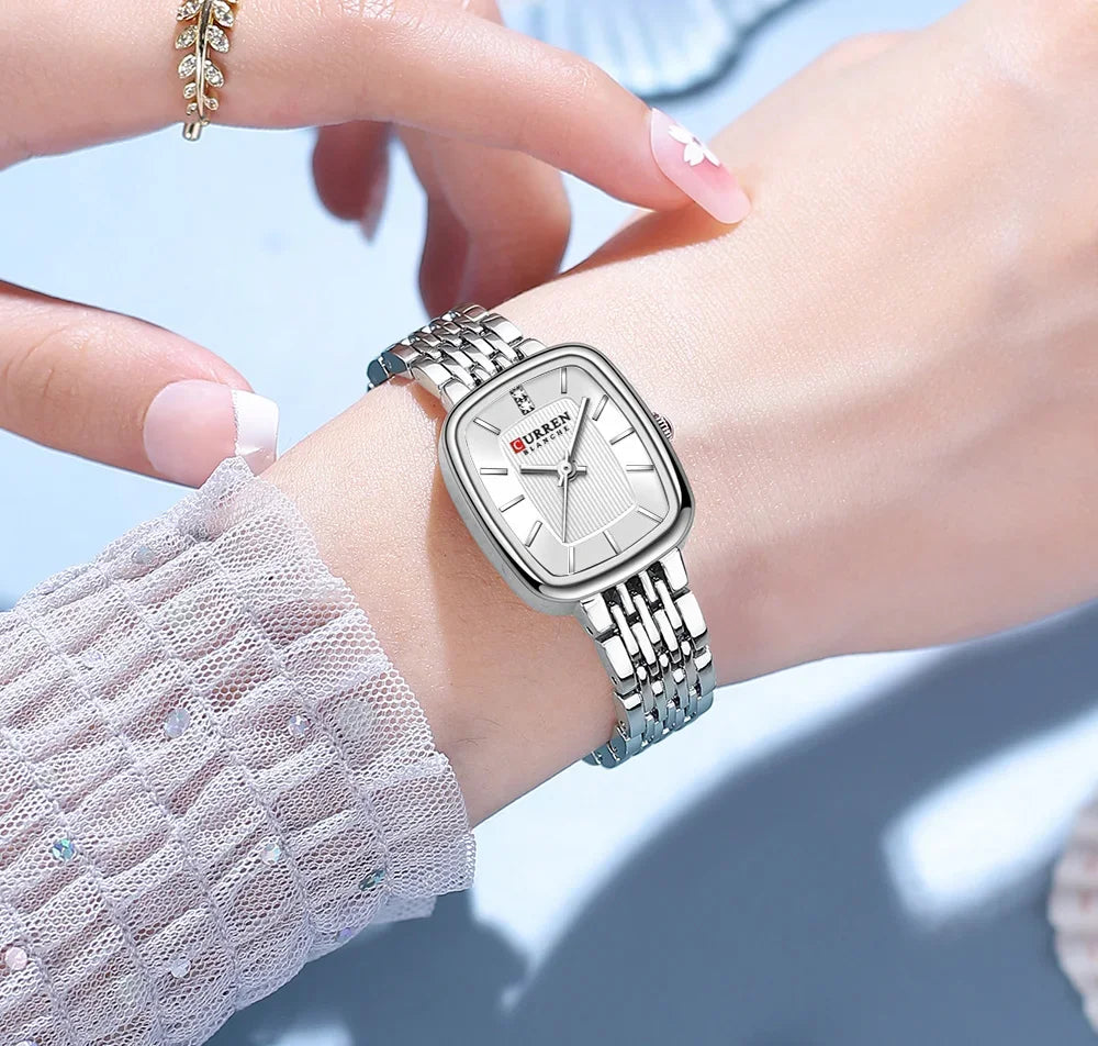 Relógio Feminino CURREN Quartz – Fashion em Aço Inoxidável com Design Retangular e Resistente à Água