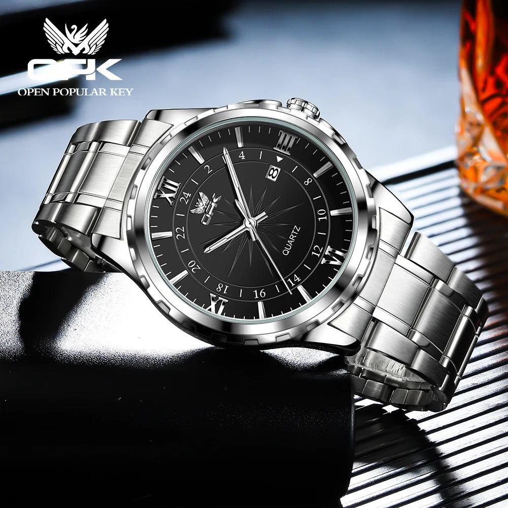 Relógio Masculino OPK 6003 – Quartz com Pulseira de Aço Inoxidável e Calendário Duplo
