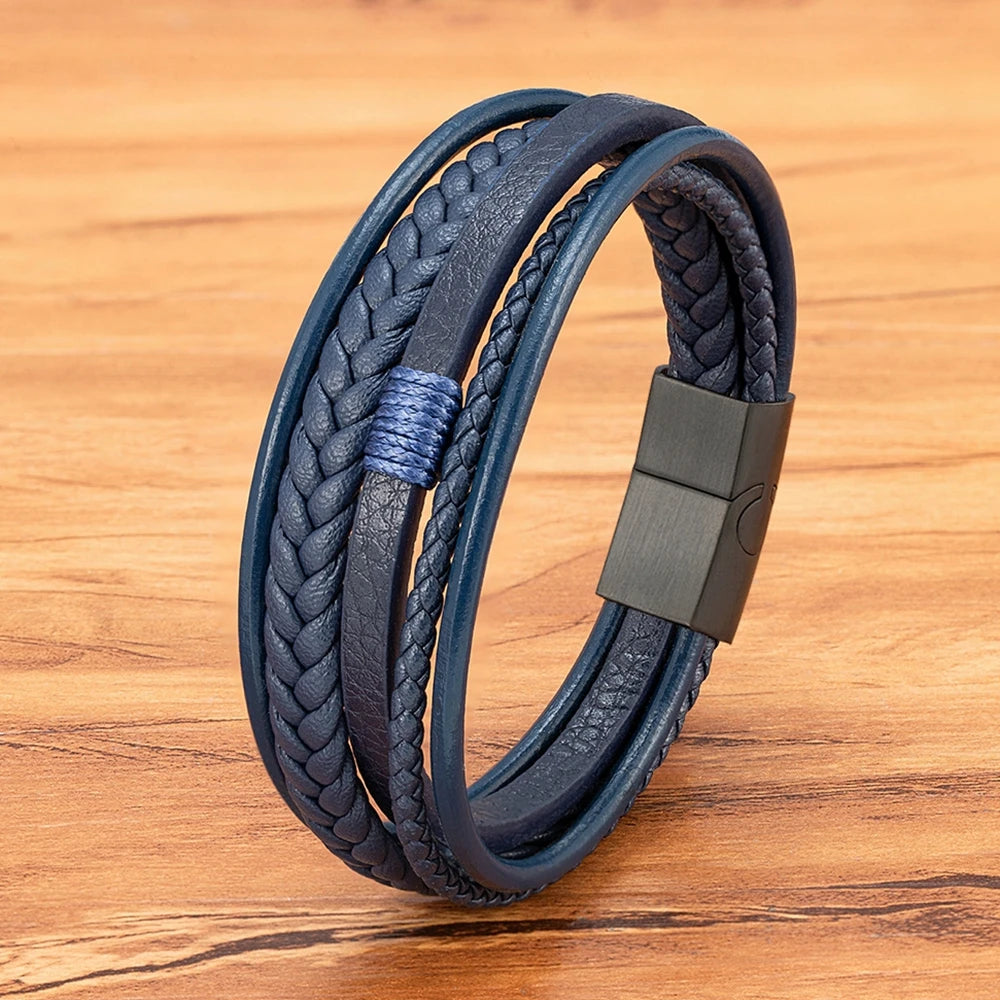 Pulseira Masculina XQNI Luxo em Couro Trançado – Multicamadas com Aço Inoxidável