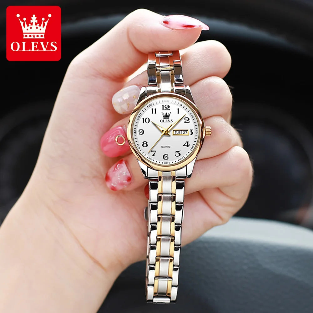 Relógio Feminino OLEVS Quartz – Luxo com Pulseira de Aço Inoxidável, Data e Ponteiros Luminosos