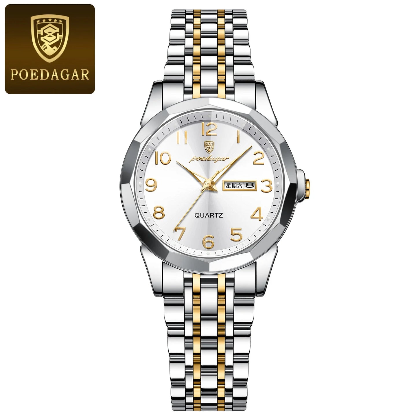 Relógio Feminino POEDAGAR Quartz – À Prova d’Água, Aço Inoxidável, Luminoso com Data e Dia da Semana