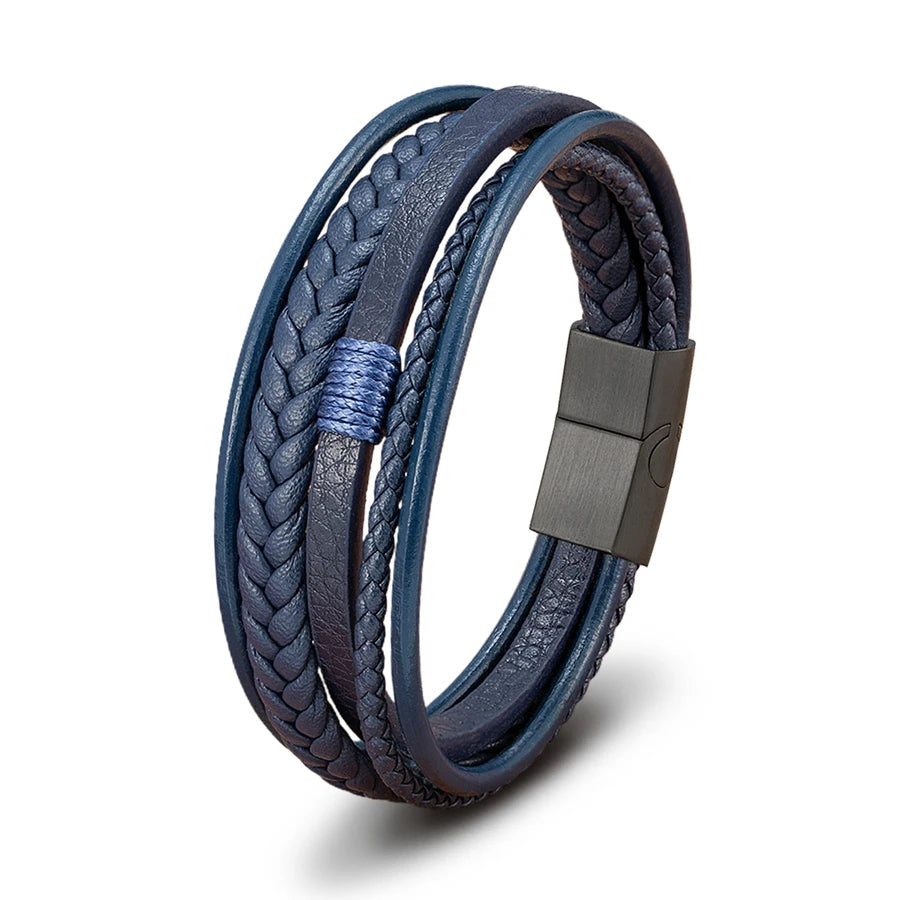 Pulseira Masculina XQNI Luxo em Couro Trançado – Multicamadas com Aço Inoxidável