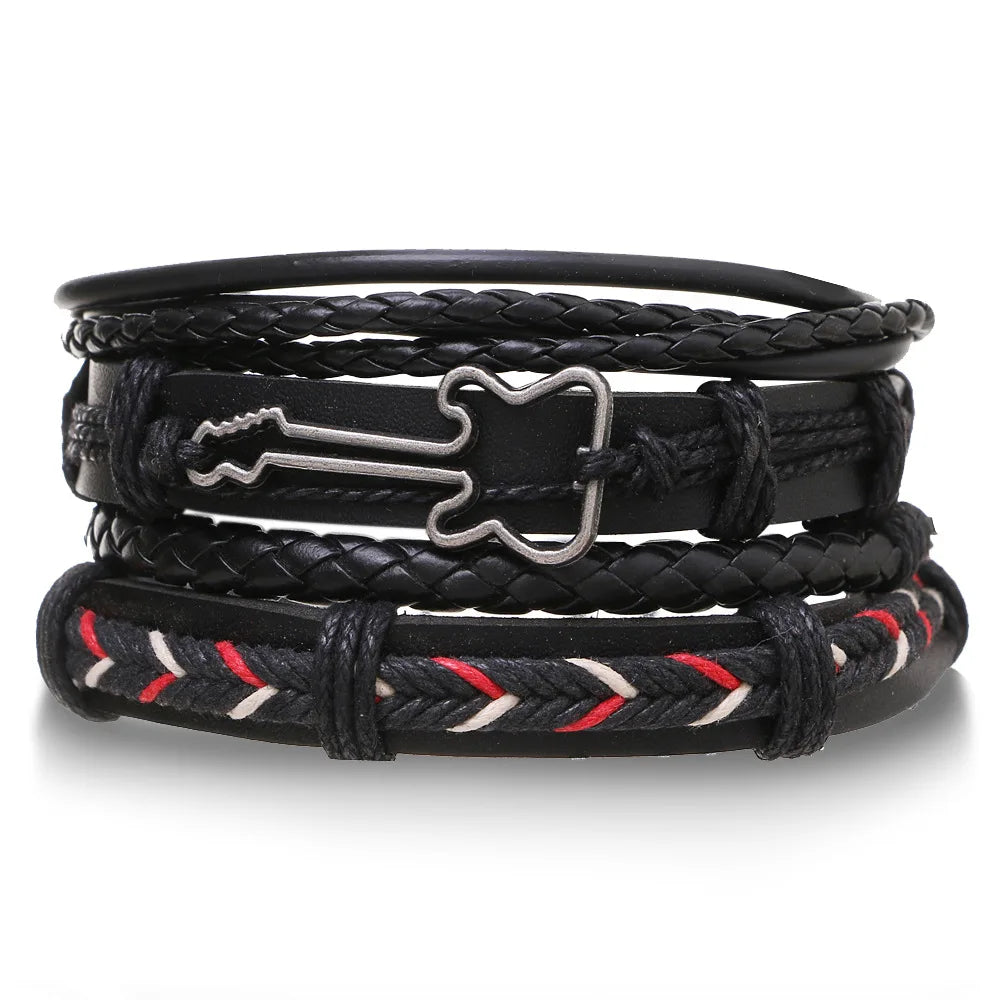 Conjunto 4 Pulseiras Masculinas de Couro Trançado – Vintage Tribal com Contas e Árvore da Vida