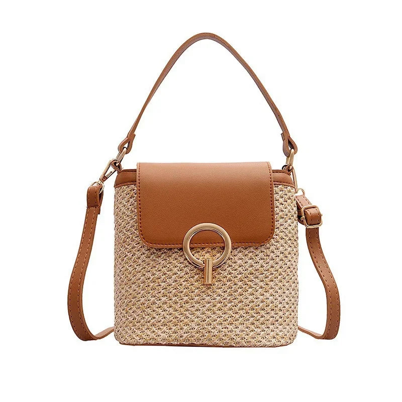 Bolsa Feminina de Palha para Praia 2026 – Estilo Coreano Bucket Crossbody Versátil
