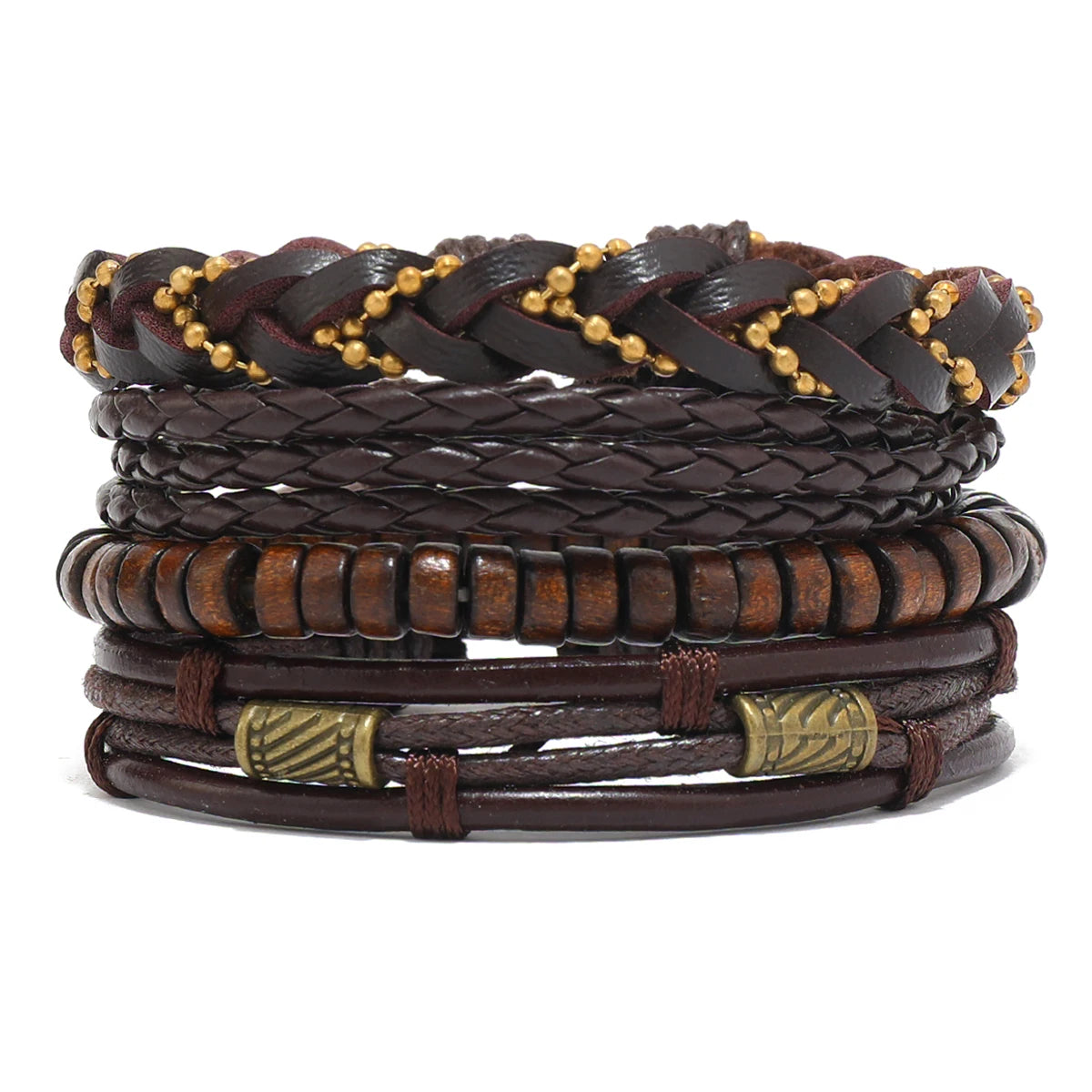 Conjunto 4 Pulseiras Masculinas de Couro Trançado – Vintage Tribal com Contas e Árvore da Vida