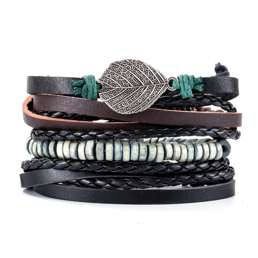 Conjunto 4 Pulseiras Masculinas de Couro Trançado – Vintage Tribal com Contas e Árvore da Vida