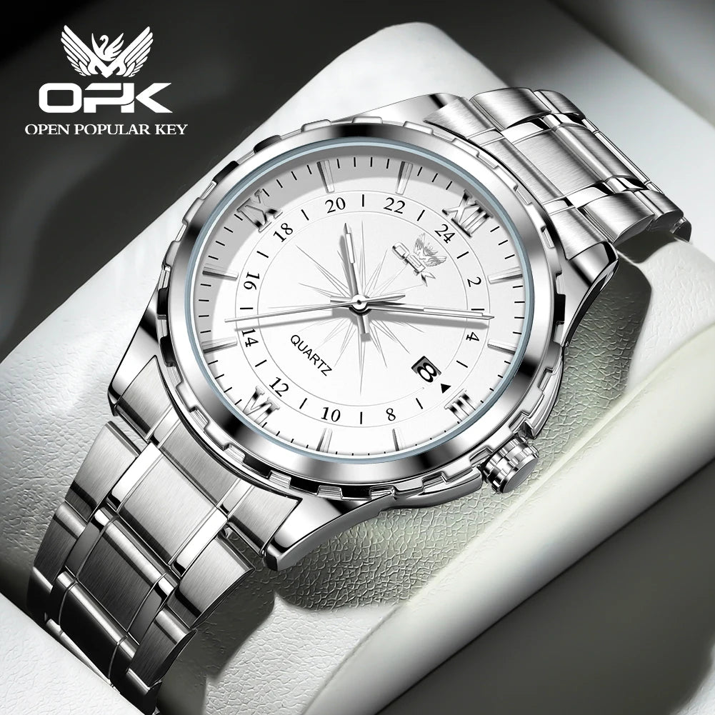 Relógio Masculino OPK 6003 – Quartz com Pulseira de Aço Inoxidável e Calendário Duplo