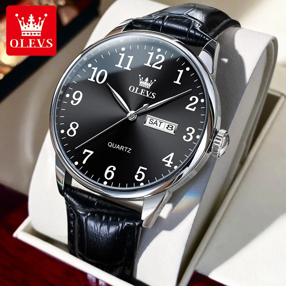Relógio Masculino OLEVS Clássico – Quartzo com Pulseira de Couro Fashion Business à Prova d’Água