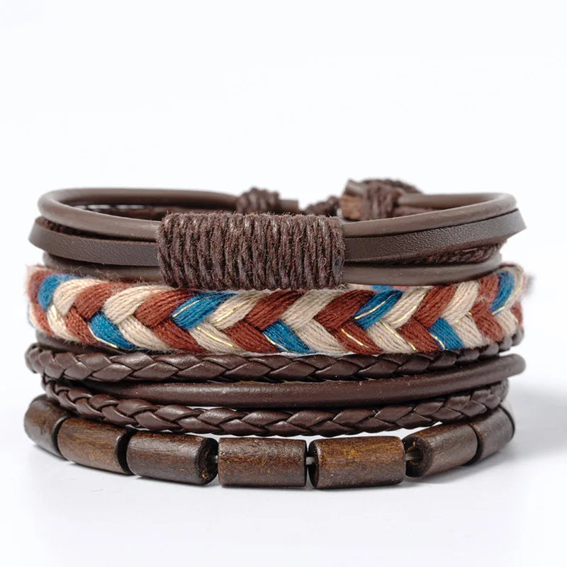 Conjunto 4 Pulseiras Masculinas de Couro Trançado – Vintage Tribal com Contas e Árvore da Vida