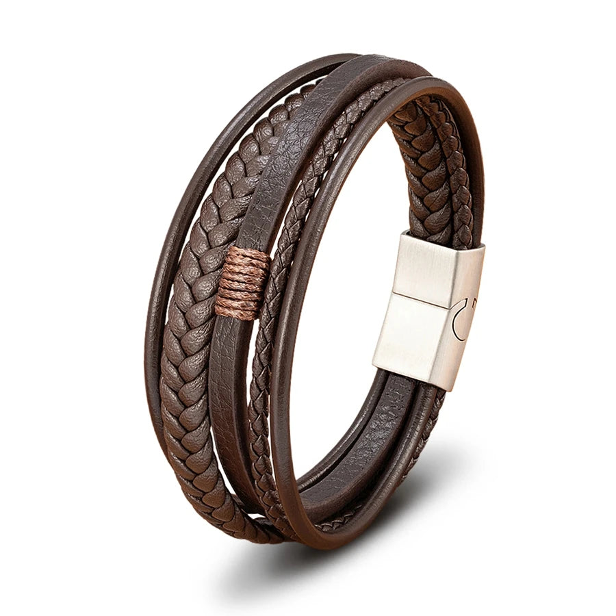 Pulseira Masculina XQNI Luxo em Couro Trançado – Multicamadas com Aço Inoxidável