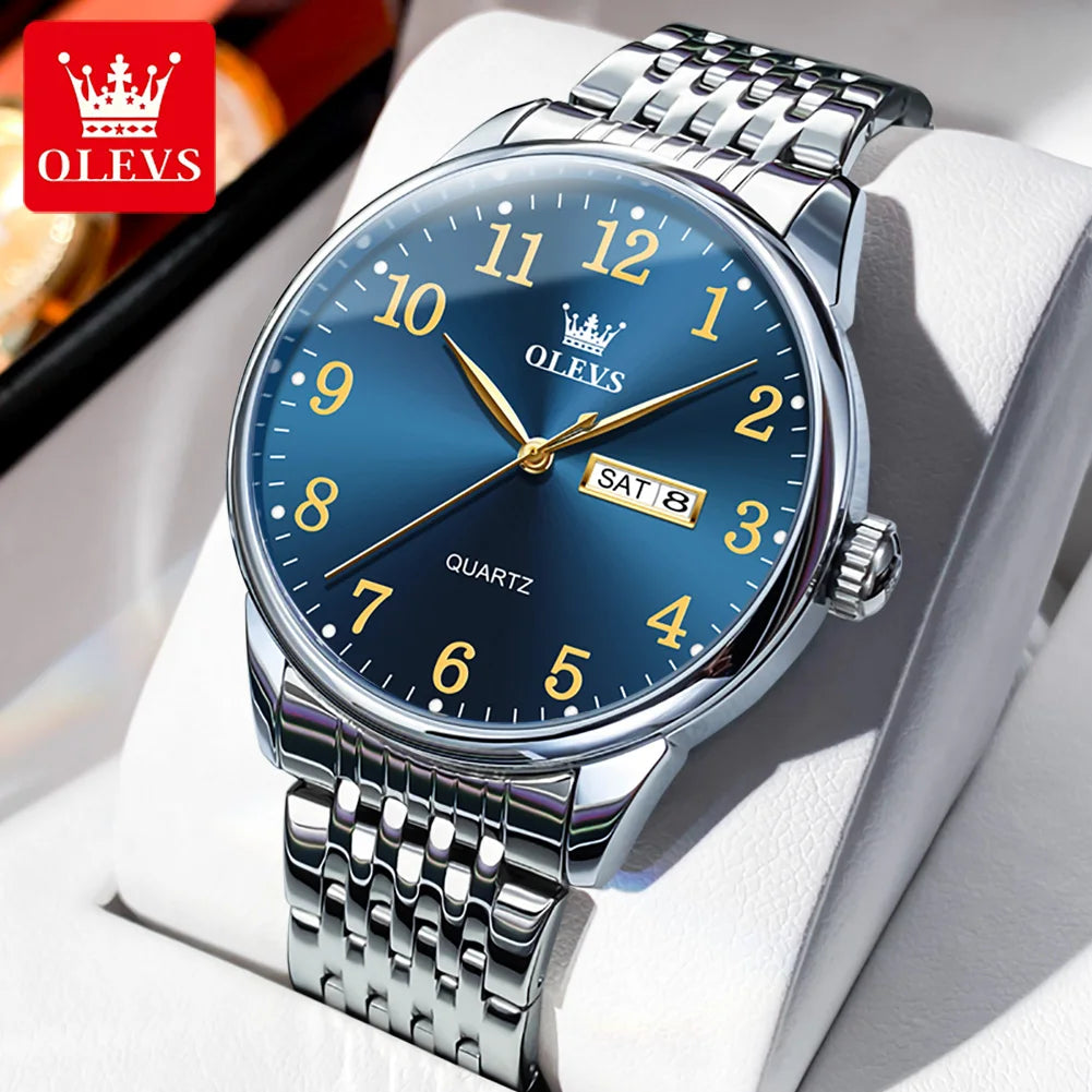 Relógio Masculino OLEVS Clássico – Quartzo com Pulseira de Couro Fashion Business à Prova d’Água