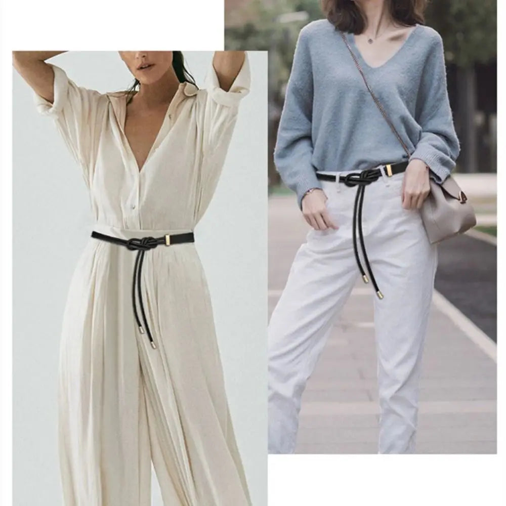 Cinto Fino em Couro PU – Estilo Laço Sem Furos para Vestidos, Jeans e Calças