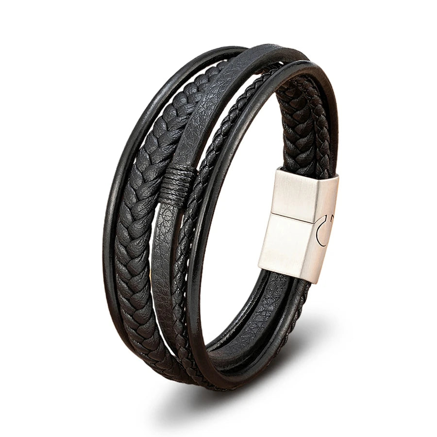 Pulseira Masculina XQNI Luxo em Couro Trançado – Multicamadas com Aço Inoxidável