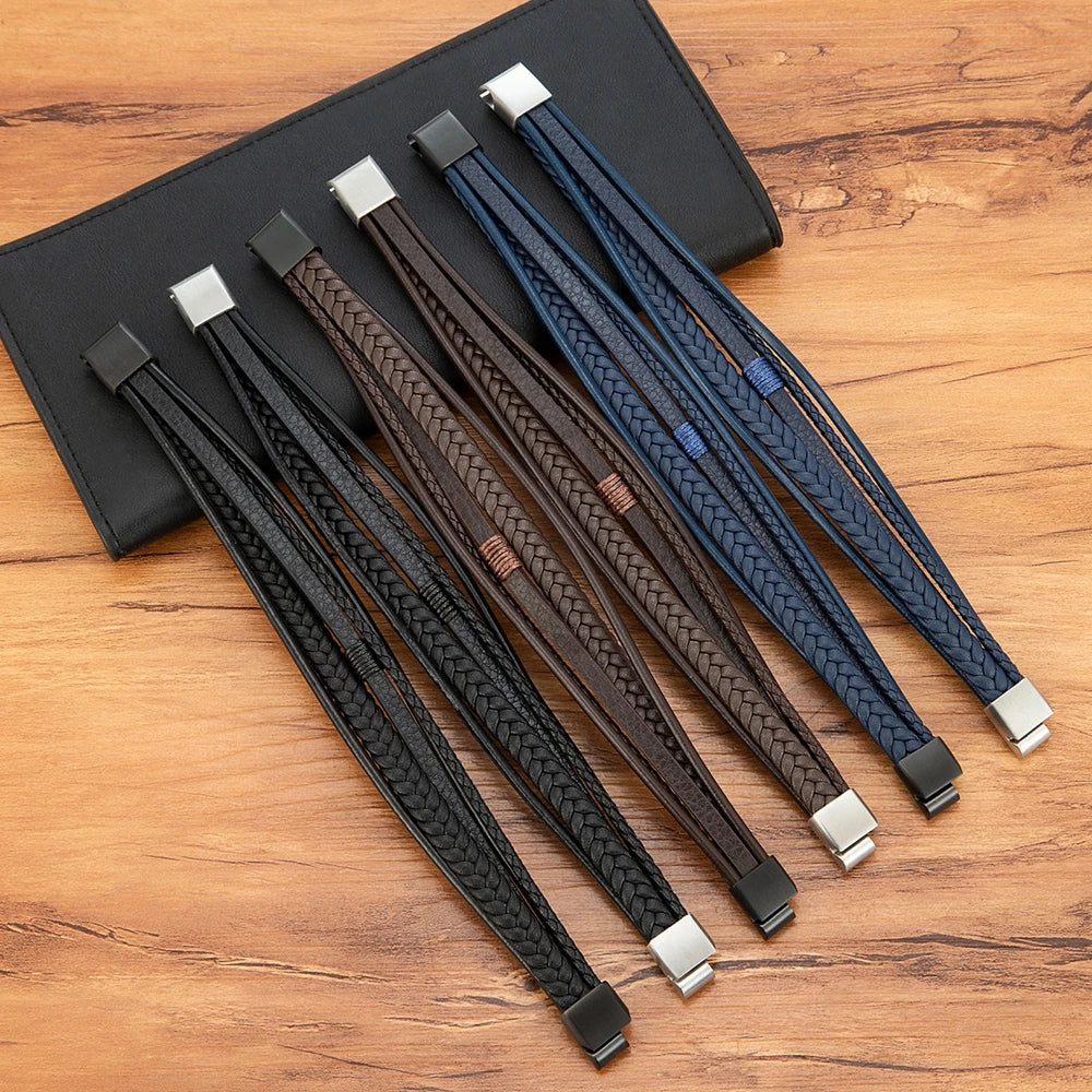 Pulseira Masculina XQNI Luxo em Couro Trançado – Multicamadas com Aço Inoxidável